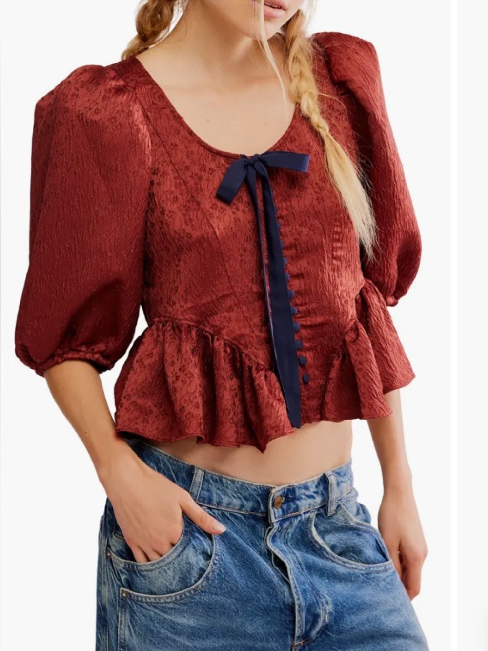 Free People Pamela Embroidered Bow Crop Top , NWT , Size Small